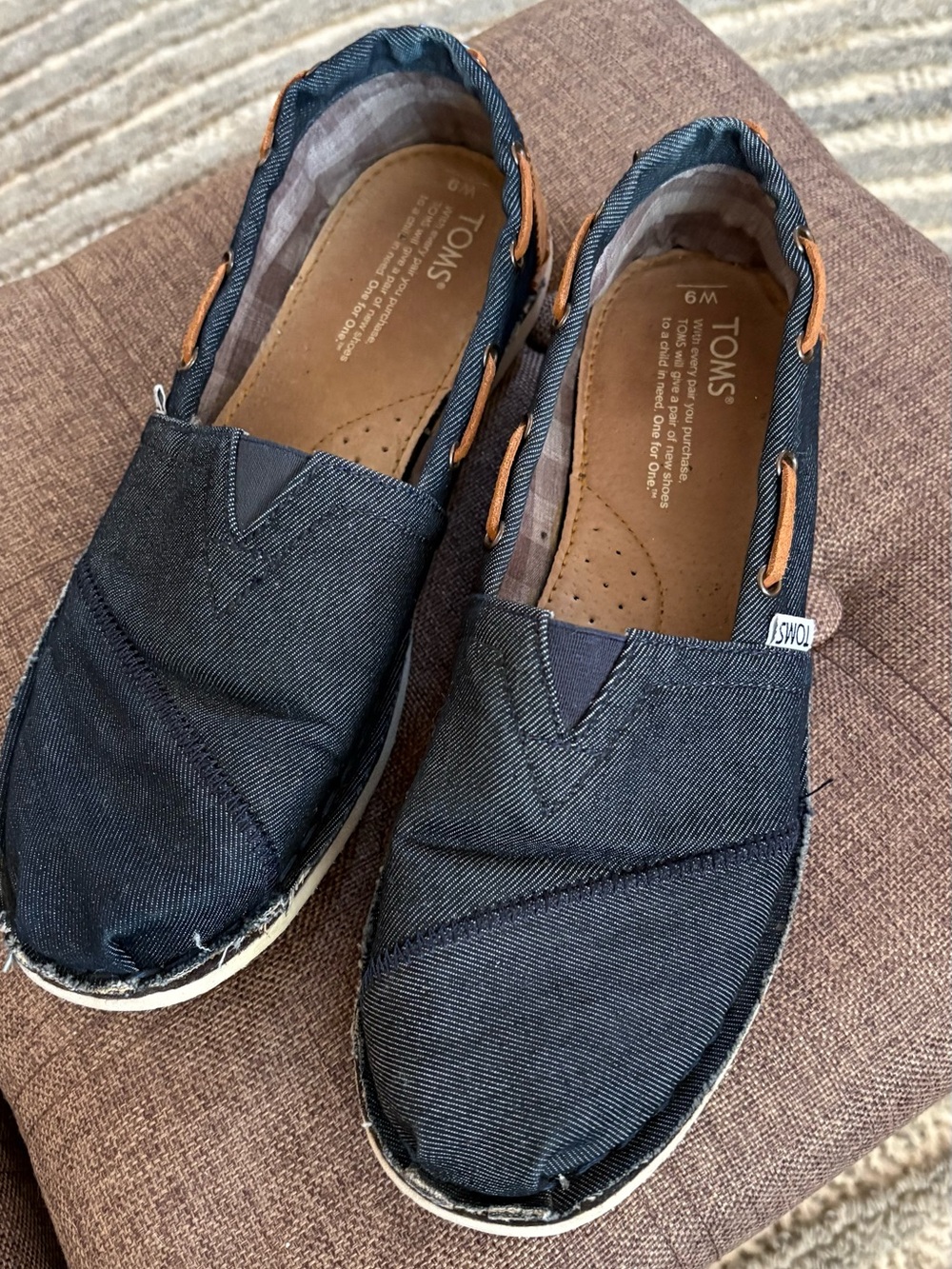 Toms Women's Dark Denim Blue Canvas Slip-On Loafers with Tan Accents